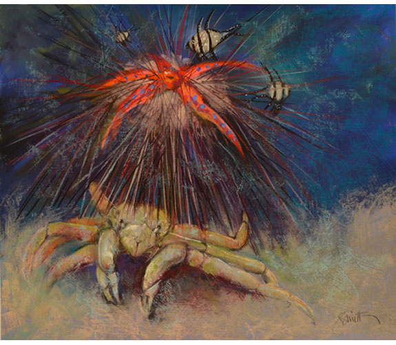Judith Smith- Sulawesi Sirens: Carrier Crab with Red Urchin & Banggai Cardinal Fish"